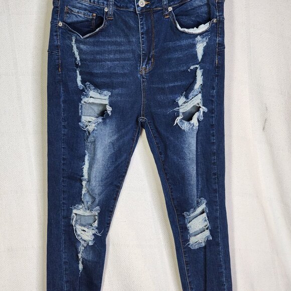 S.O.N.G Curvy Dark Wash Blue High Rise Skinny Ankle Distressed Jeans Jr Sz 13/31 - Picture 4 of 16